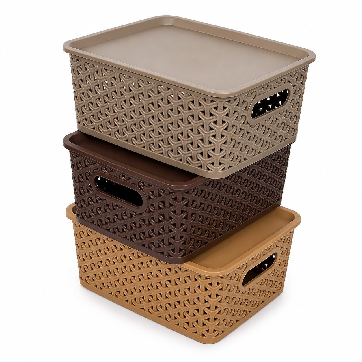Storage Basket with Lid Set of 3, Plastic Storage Box and Organiser, Multipurpose Organizer Storage Basket for Kitchen, Wardrobe, Bathroom & Home, Stackable Storage Bins, Multicolor-picture-15