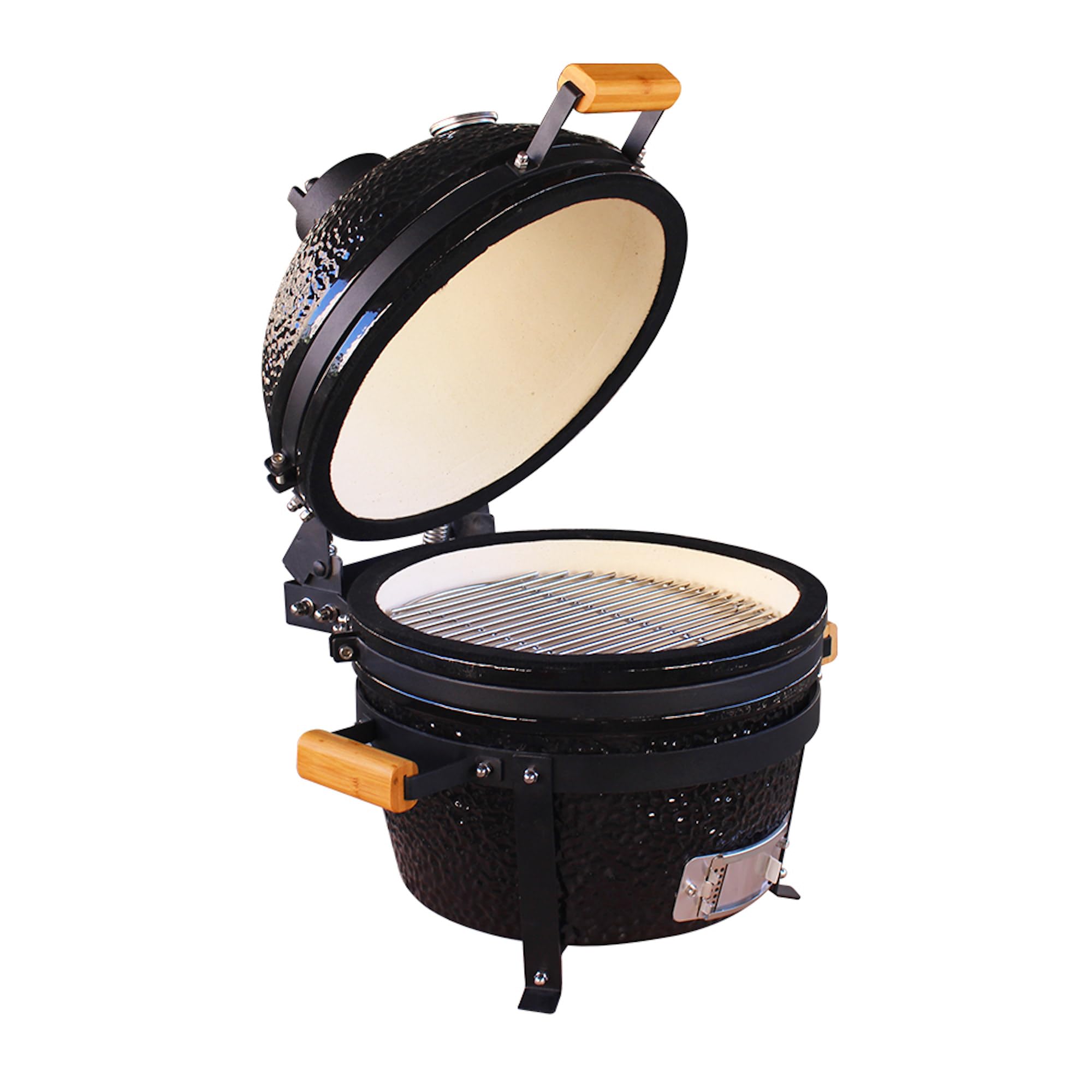 COOKFIRE - Barbacoa Kamado de Carbón Ø 40 cm - BBQ Grill Japonesa Con Termómetro y Asas de Bamboo - Portátil y Cerámica - Mini Parrilla (Negro)