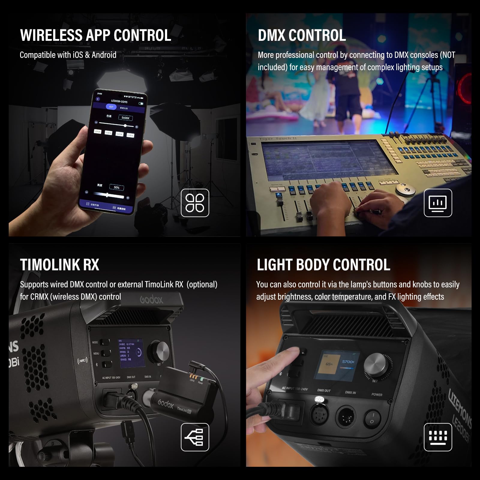 Godox Litemons LE200Bi LE200 Bi Luce Continua a LED Video Light 220W 2800K~6500K 57700 Lux/1 m TLCI/CRI≈98 Controllo Bluetooth 11 Effetti FX Attacco Bowens Videolight per Vlogging,YouTube (nero)