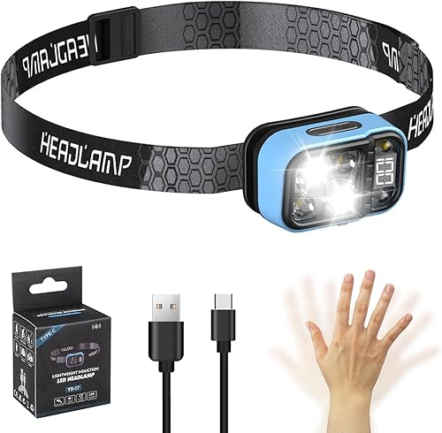 Linterna frontal recargable USB C mejorada 2024, ajustable a 60, sensor de movimiento, pantalla de alimentación digital, 4 modos de luz, linterna