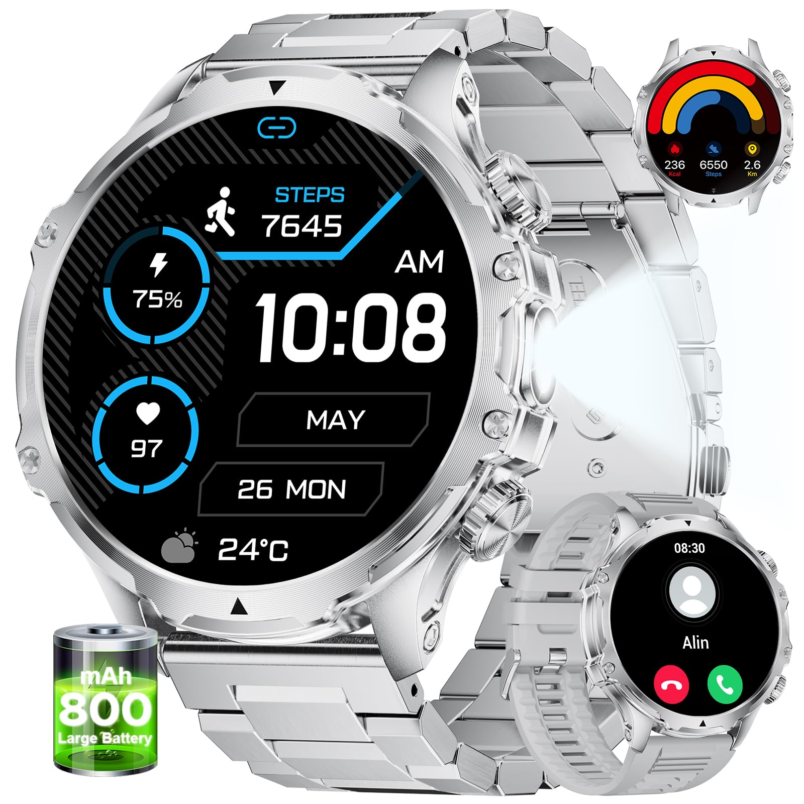 LIGE Montre Connectée Homme Avec 1,75'' HD Écran/LED Lampe