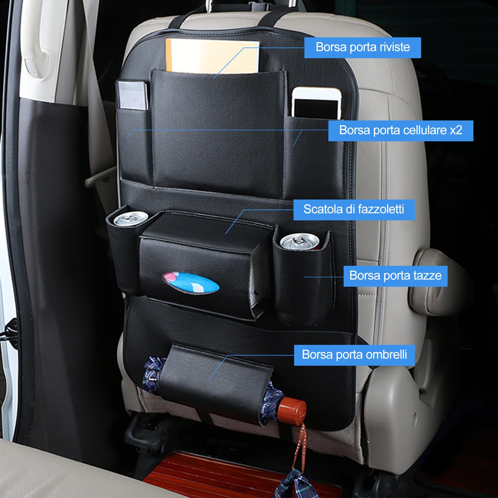 Ergocar 2 Packs Organizzatori per auto in pelle PU, Coprisedili per schienale, Kick Mat Car per sedile posteriore con 10.1 "per iPad/Tablet Multi tasche con scatola del tessuto - Nero