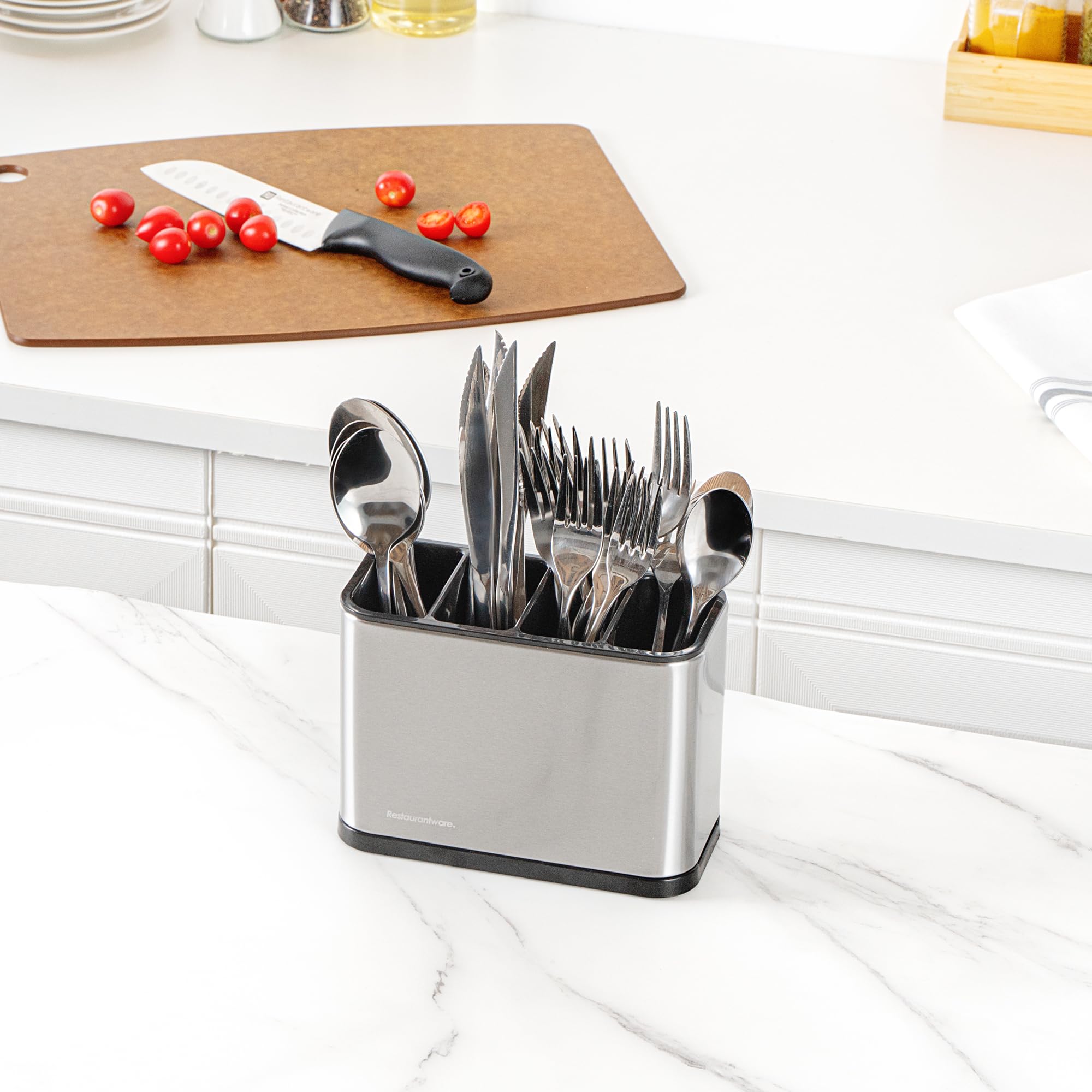 Restaurantware -Met Lux - Organizador de utensilios de 7.09 x 3.39 x 5.12 pulgadas, 1 organizador de utensilios con base pesada, 4 compartimentos, con bandeja de goteo, soporte para utensilios de