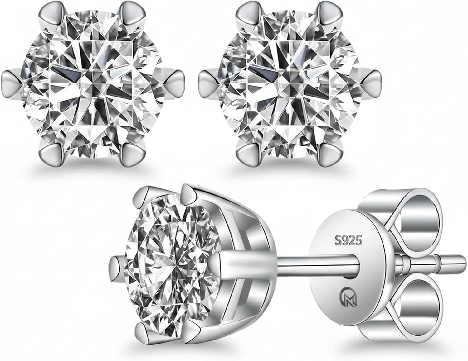 Moissanite Earrings, Rhodium Plated 925 Sterling Silver, Round Cut Lab Created Moissanite Diamond Stud Earrings for Women Men, Hypoallergenic Jewelry Gifts
