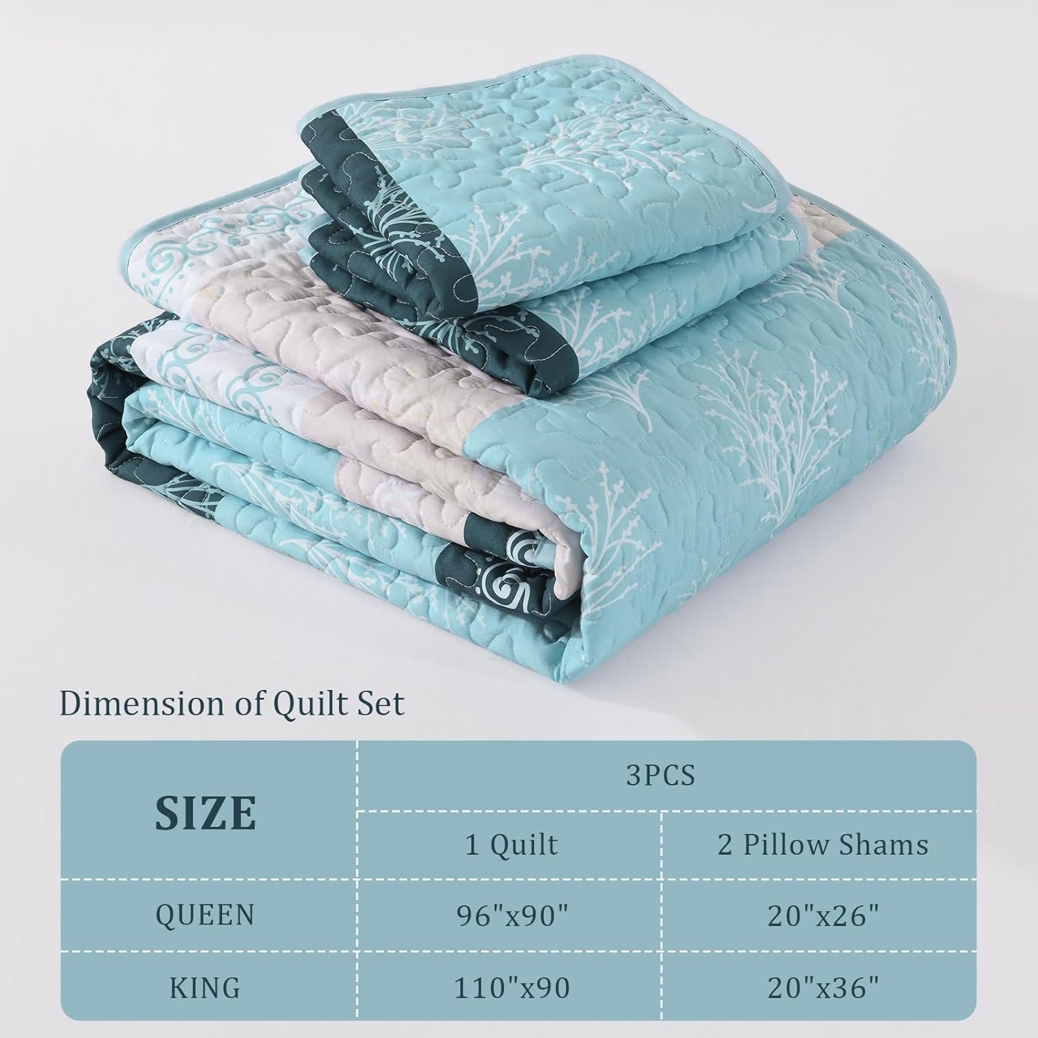 DJY Quilt Set Queen Size Light Blue Boho Striped Floral Bedspread Coverlet Set, 3 Pieces Patchwork Stripe Soft Lightweight Summer Quilt Bedding Set with 2 Pillow Shams (Light Blue, 96"x90")