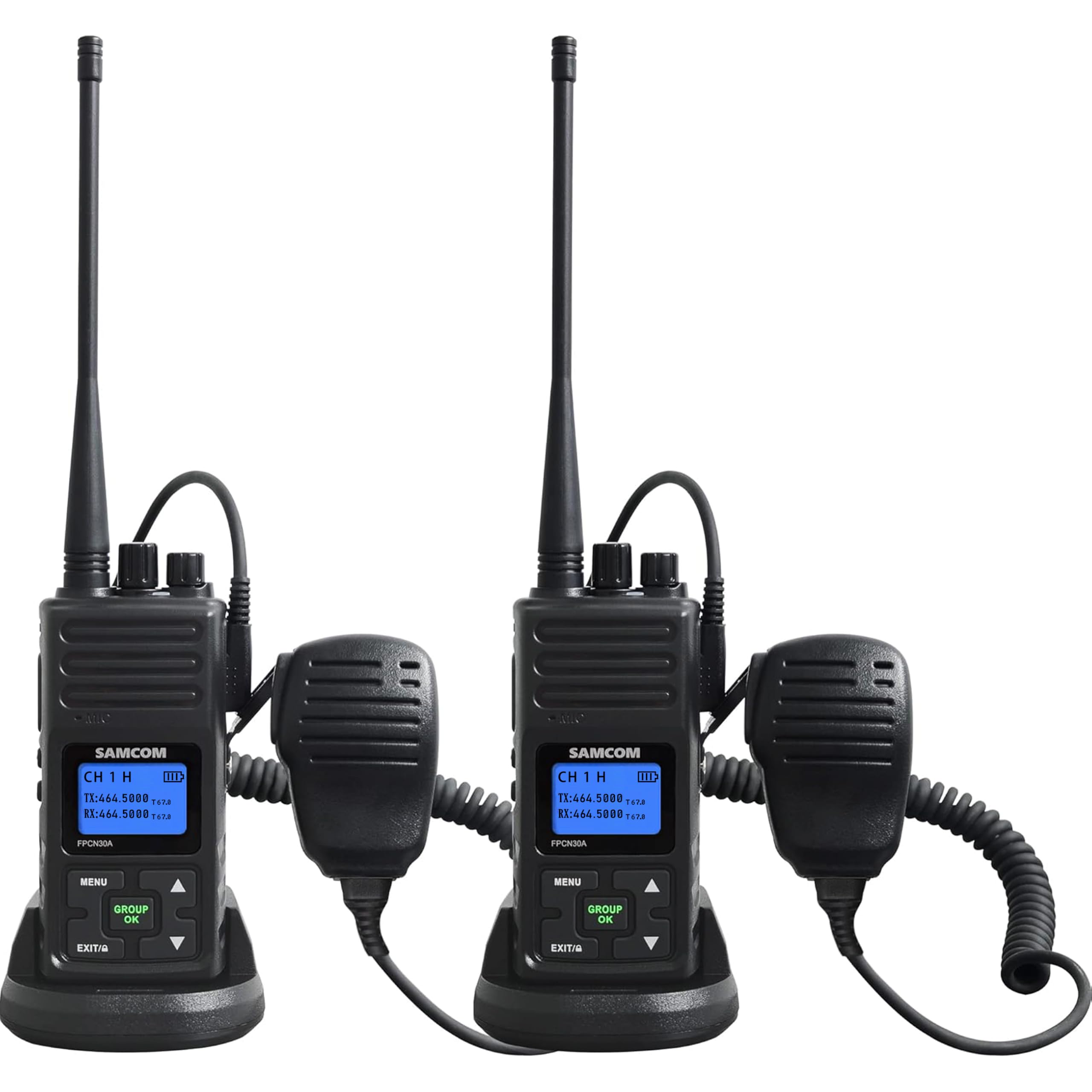 Photo 1 of SAMCOM 5 Watt Walkie Talkie Long Range, FPCN30A Two Way Radio Rechargeable with Speaking Mic, 2-Way Radios with Shoulder Mic for Restaurant Hotel Church Sports Events (2 Pcs Radio + Speaker Mic)