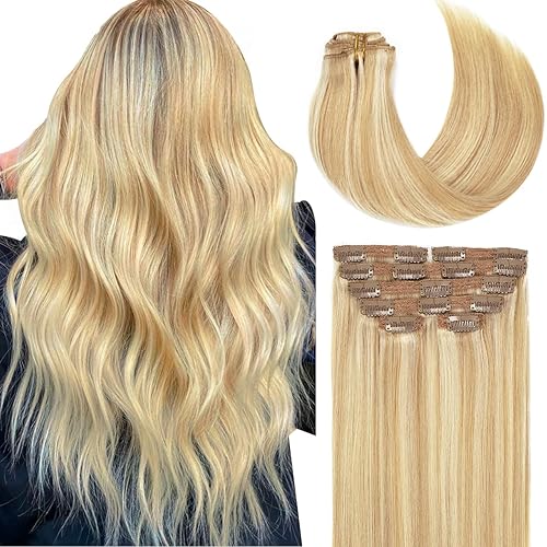 Lacer Extensiones de cabello humano con broches, color marrón dorado claro, mezcla con rubio platino, encaje de doble trama, extensiones de cabello