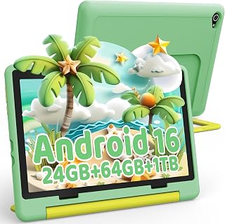 Android 16 Children's Tablet, 24 GB + 64 GB (Expandable to 1TB), 10.1 Inch Tablet for Children, 6000 mAh, WiFi 6, Bluetooth 5.4, Widevine L1, Child Safety Case, Green