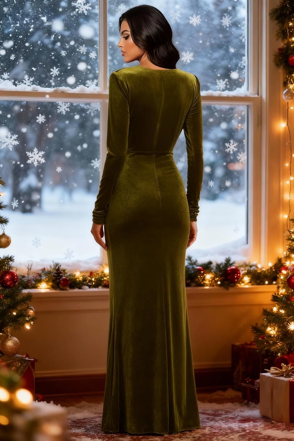 Long Sleeve Velvet Formal Dresses with Tie Long V Neck Mermaid Empire Waist Evening Prom Gowns - Image 2