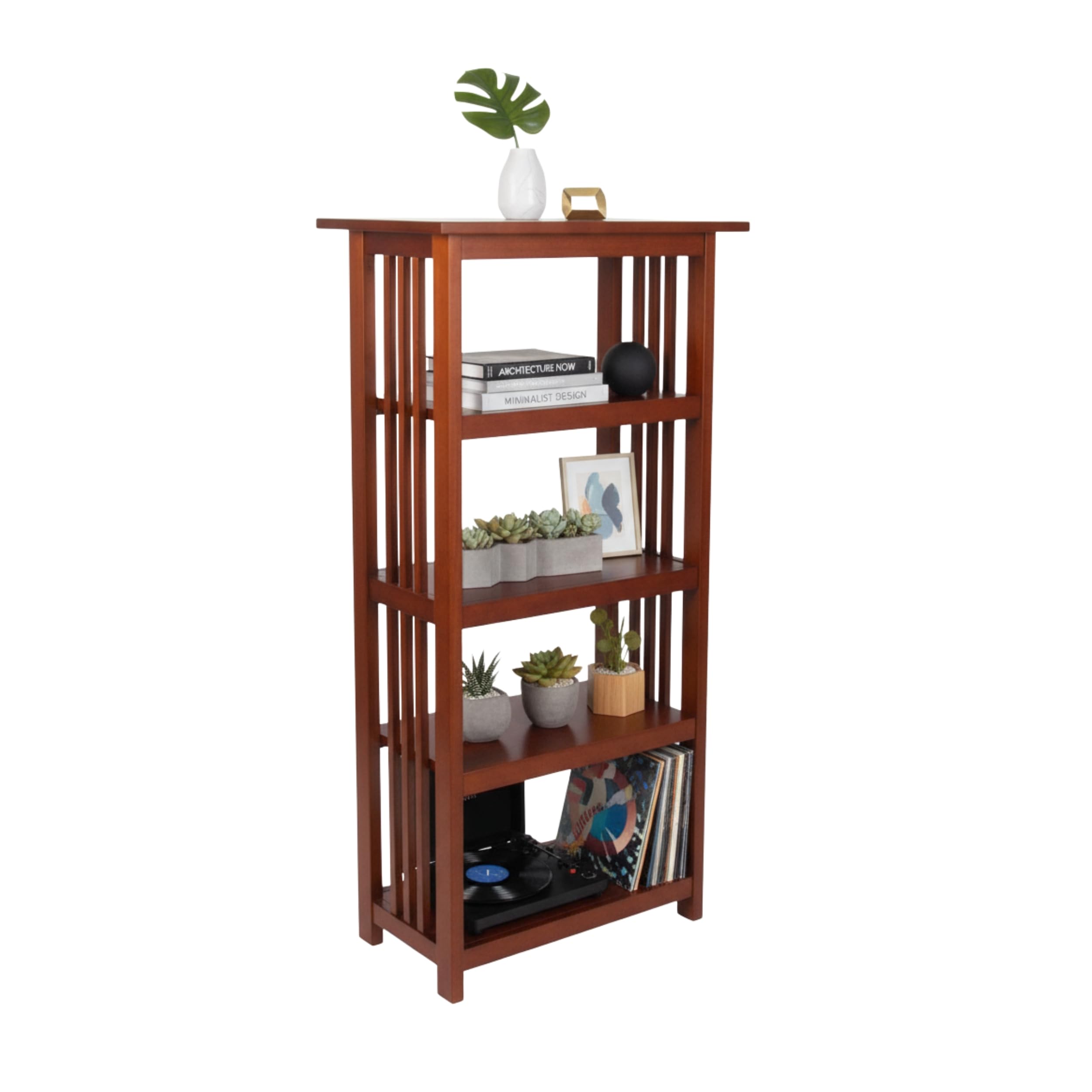 Mission 48-Inch Wood Bookcase – 4-Tier Bookshelf with 2 Adjustable Shelves – Traditional Narrow Storage Bookcase for Living Room or Home Office by Alaterre Furniture (Cherry Finish)