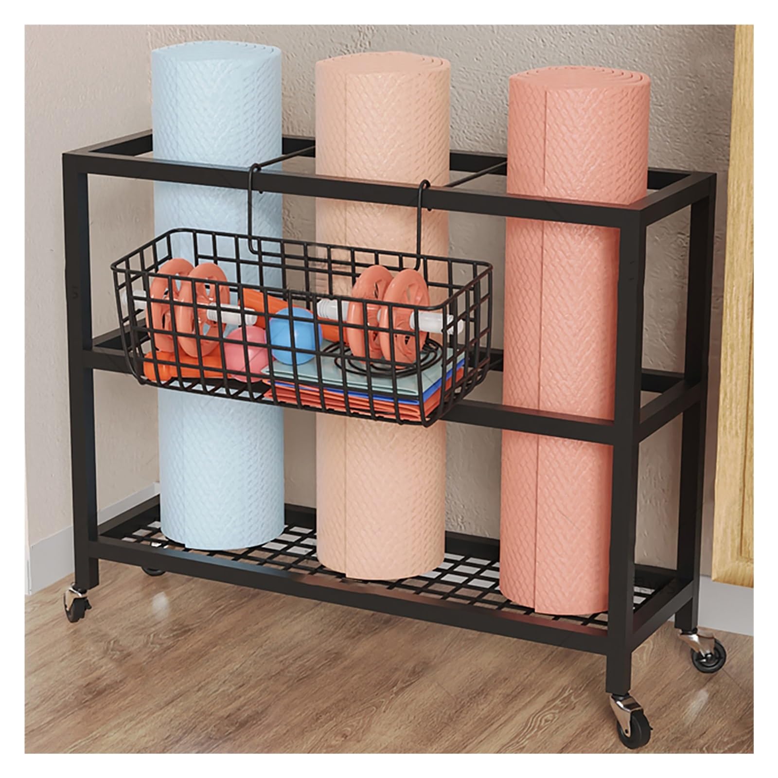 Organisateur de tapis de yoga portable sur roulettes pour vos entraînements dans le salon