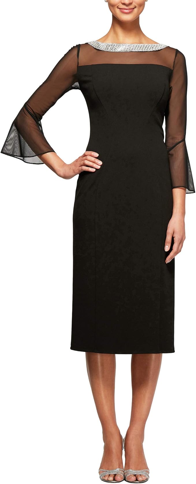 ✨ Shimmering Elegance: Short Shift Dress with Embellished Illusion Neckline ✨