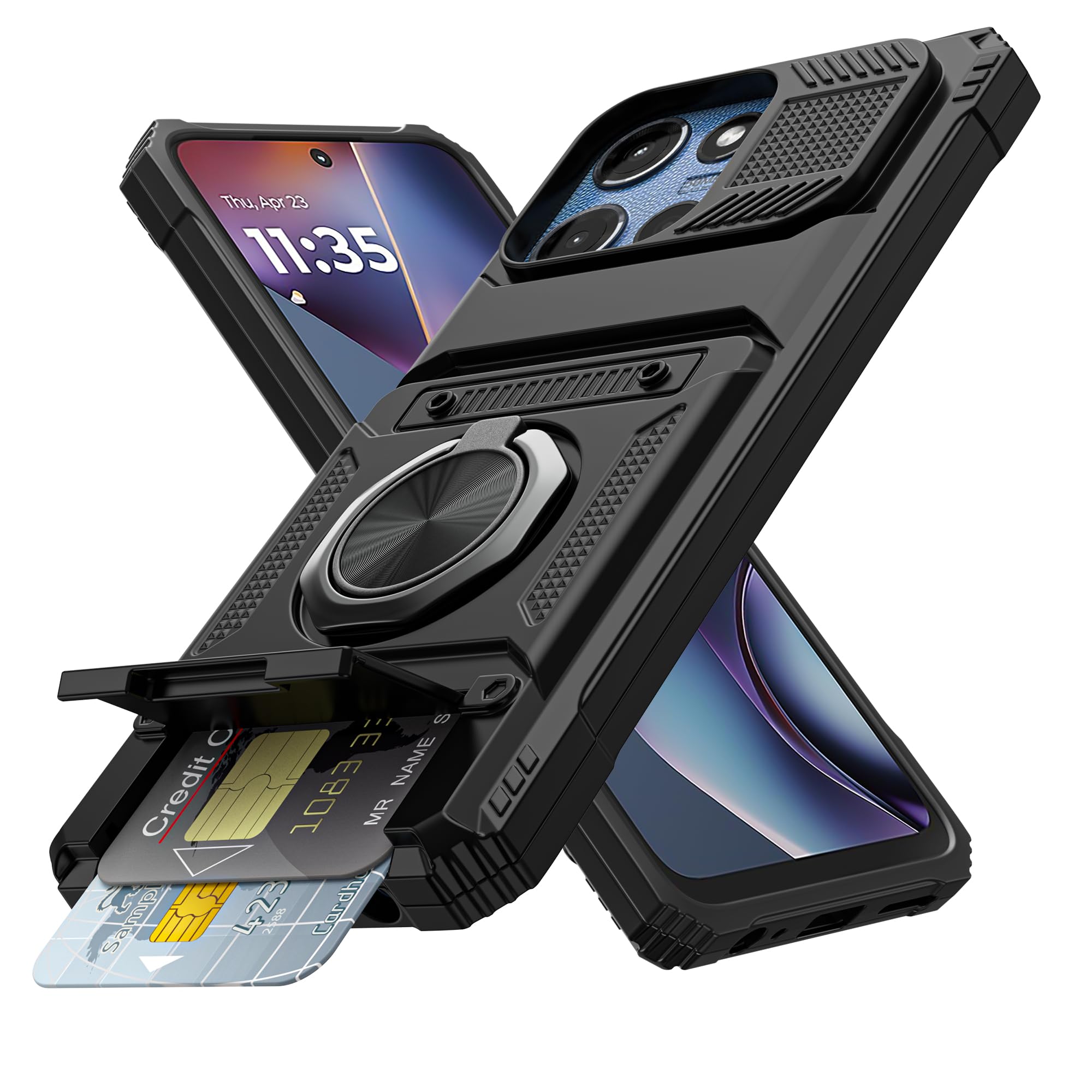 Vofolen for Motorola Moto G 5G 2025 Case with Card Holder [Store 2 Cards] + 360° Magnetic Rotated Ring Kickstand Dual Layer Heavy Duty Shockproof