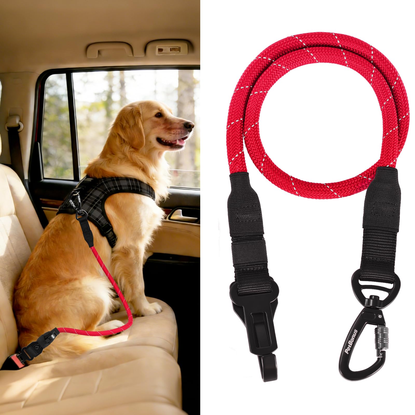 PetBonus Hunde Sicherheitsgurt für Auto, Seil-Hundeauto Sicherheitsgeschirr für Fahrzeuge, Hund Anschnallgurt mit Heavy-Duty Schnallen Haken Karabiner für Kleine, Mittlere, Große Hunde (Rot)