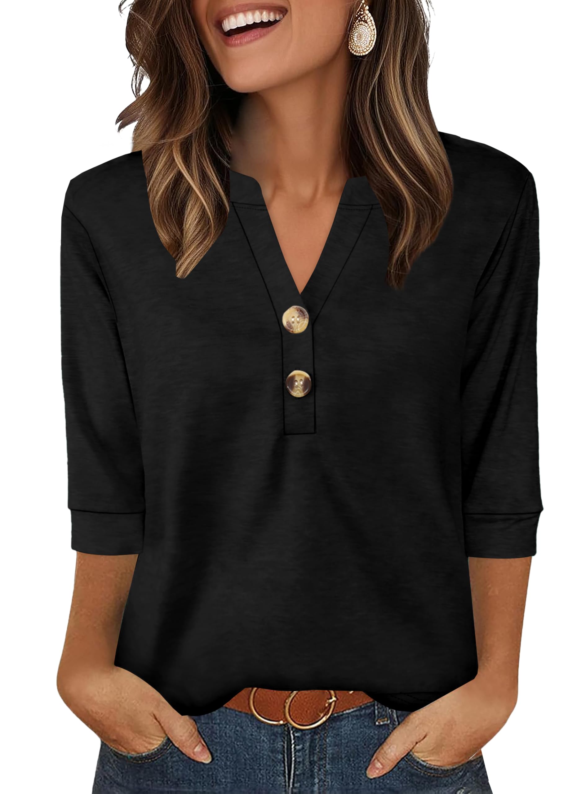 Aokosor Womens 3/4 Sleeve Tops Ladies Blouse V Neck Tunic Long Sleeve T Shirts Curved Hem Office Wear — view 10