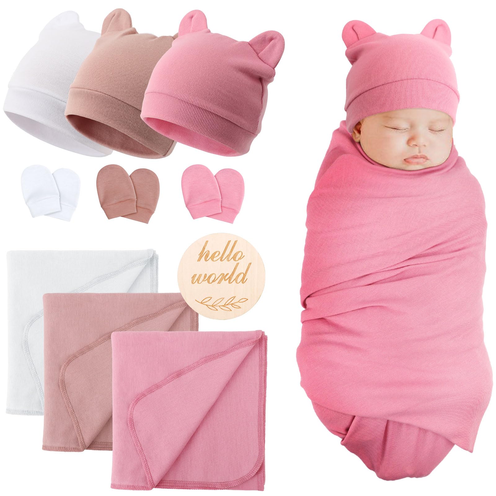 DRESHOW Newborn Baby Blanket Soft Swaddle Blankets for Infant Swaddling Receiving Warm Wraps with Bear Ear Hat Headband with Gloves