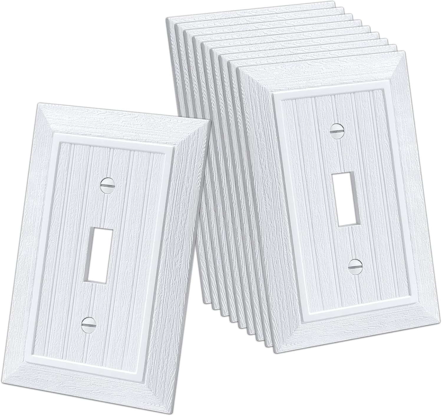 CML Classic Single Toggle Switch Wall Plate, 1-Gang Beadboard Outlet Cover, 10 Pack, Standard Size 3.15”X 4.87”, Vintage Retro Wood Grain Design, Impact Resistant, White