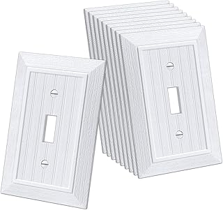 CML Classic Single Toggle Switch Wall Plate, 1-Gang Beadboard Outlet Cover, 10 Pack, Standard Size 3.15”X 4.87”, Vintage Retro Wood Grain Design, Impact Resistant, White