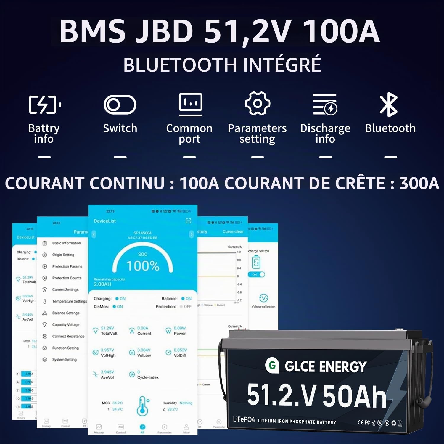 Batterie LiFePO 48V(51.2V) 50Ah avec BMS Bluetooth 100A | 4500-15000 Cycles, Haute capacité 2560 Wh | Batterie à Cycle Profond pour Camping-Cars, installations solaires