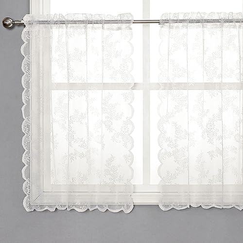 Urban Lotus Cortinas de encaje blanco de 36 pulgadas de largo para dormitorio, sala de estar, café, cortinas transparentes con bolsillo para barra
