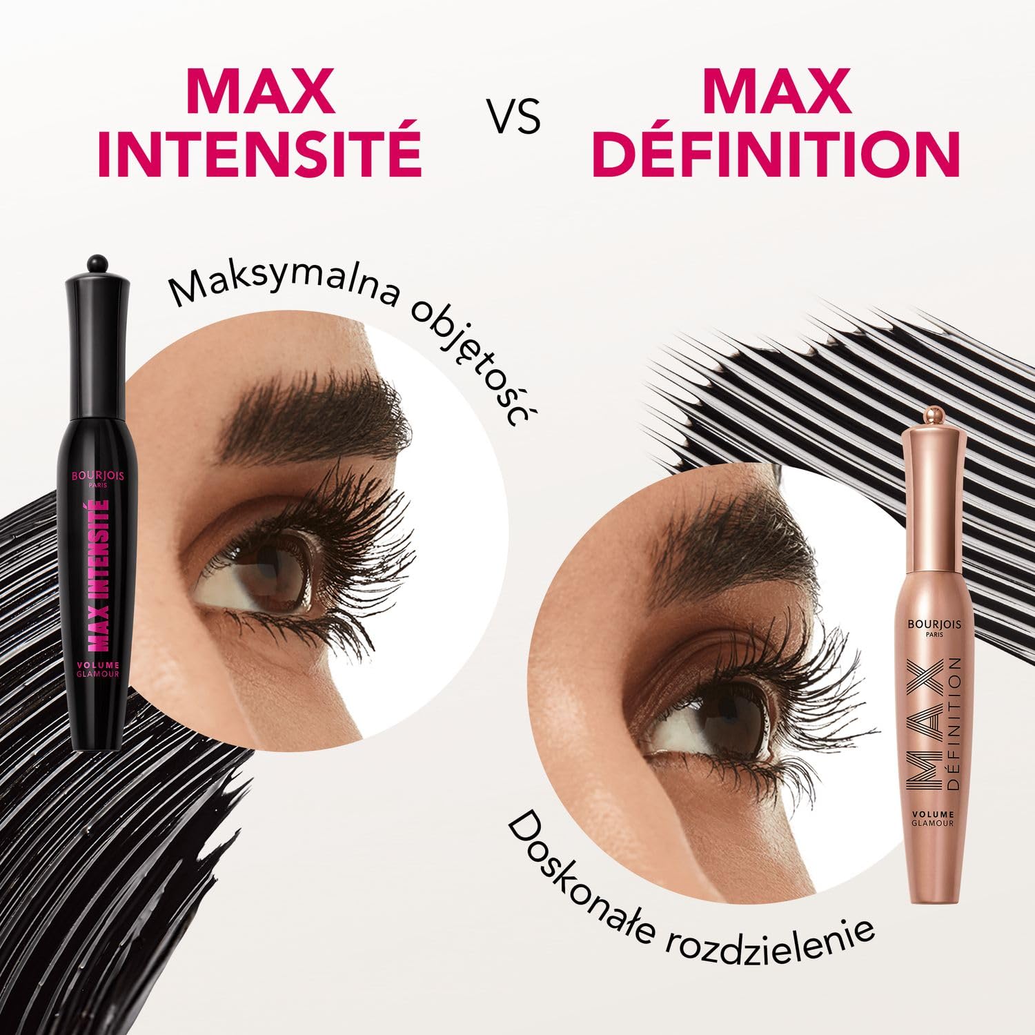 Bourjois Glamour Max Intensywność, 01 czarny, tusz do rzęs, nieograniczona objętość do budowania, maksymalna szczotka klepsydowa do budowy objętości, technologia zmywania plam, wolna od skoku, 12 ml