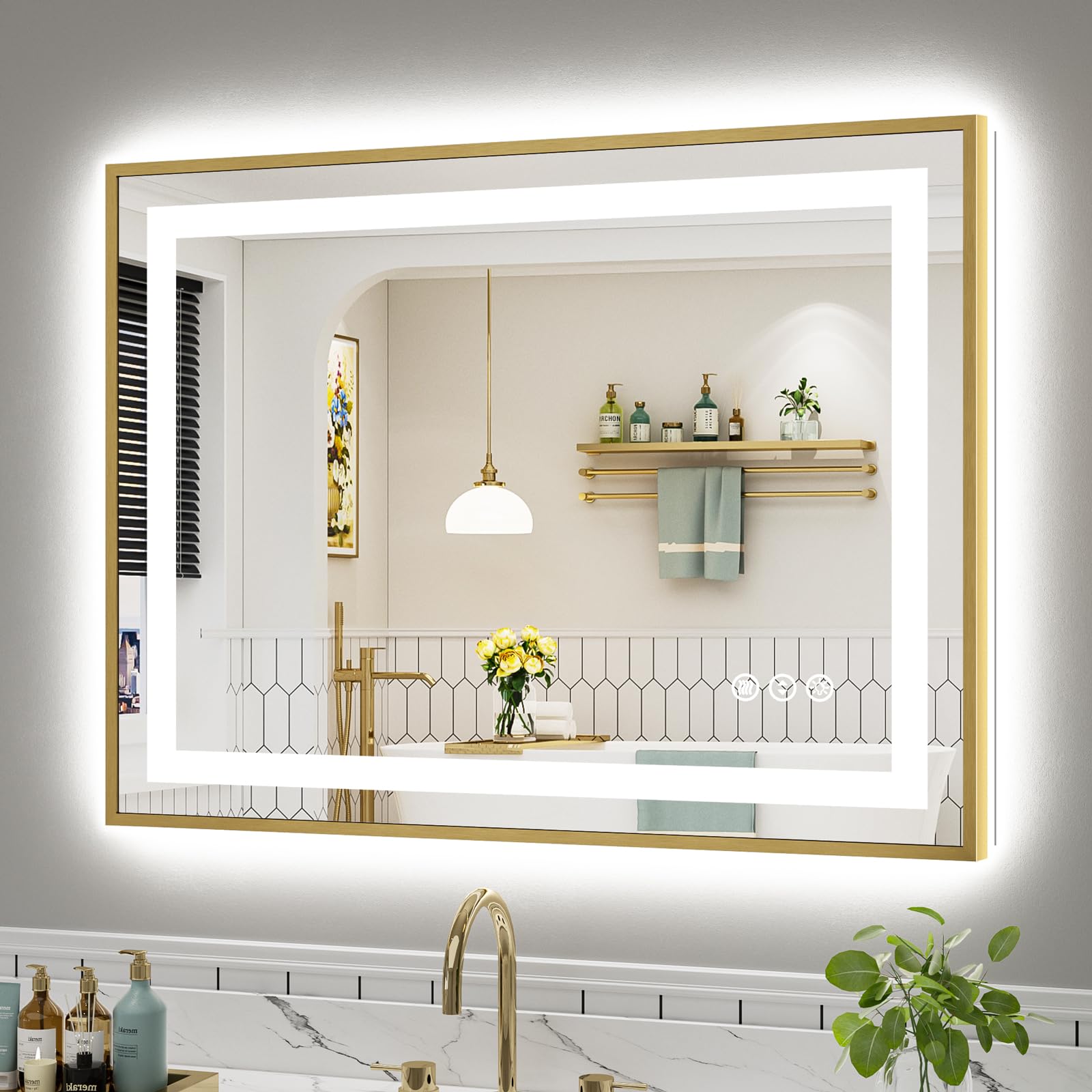 40x30 Inch LED Bathroom Mirror with Gold Frame, Backlit &amp; Front Lit