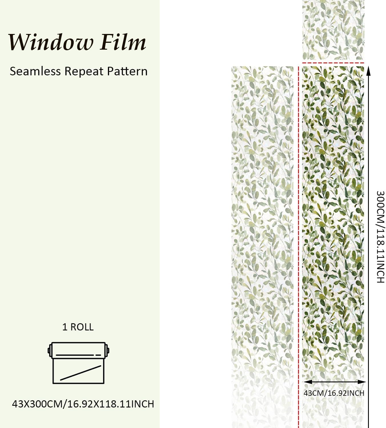 Regenbogen-Fenster-Sichtschutzfolie, Buntglas-Fensteraufkleber, statisch haftend, nicht klebend, dekorative Glasfolie für Schlafzimmer, Wohnzimmer, Küche, Büro, grüne Blätter, 300 x 43 cm