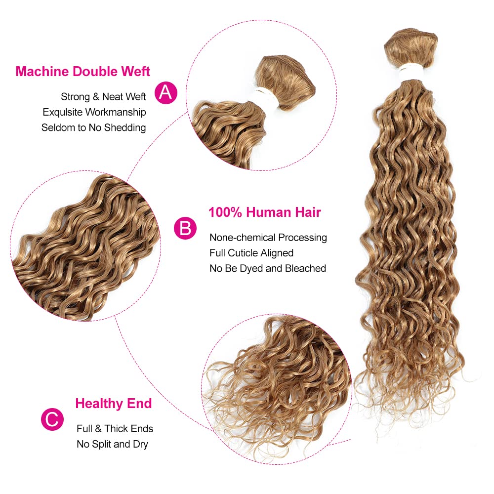 Honey Blonde Water Wave Human Hair Bundles (18inch, 1PC) Brazilian Curly Hair Weave Bundles 100% Remy Blonde Human Hair Extensions Weft