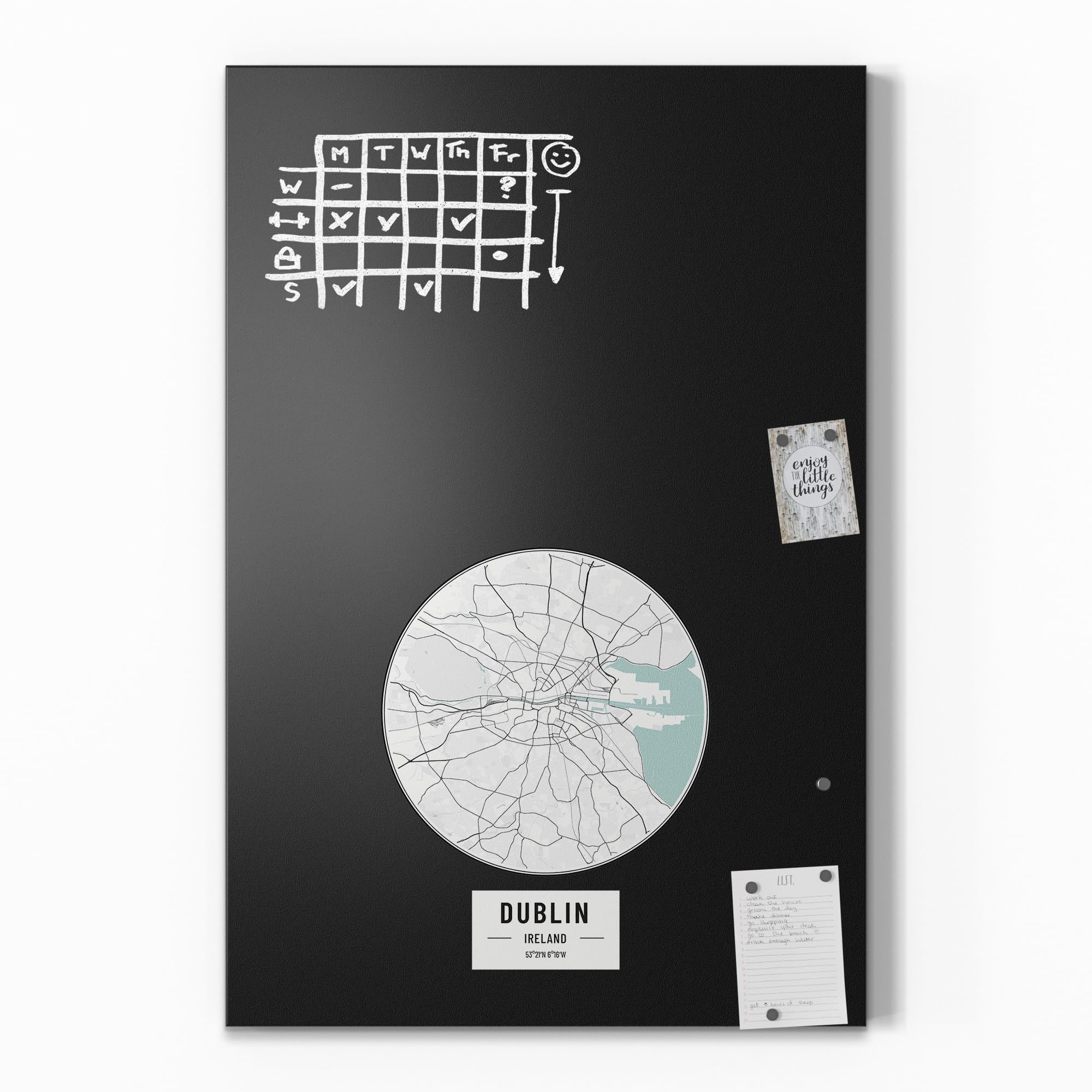DEQORI Magnetische Kreidetafel mit UV-Druck | Motiv Stadtplan Dublin | Design rechteckig 60x90 cm | Kreide Metalltafel beschreibbar – Wanddeko für Küche, Flur, Kinderzimmer & Büro