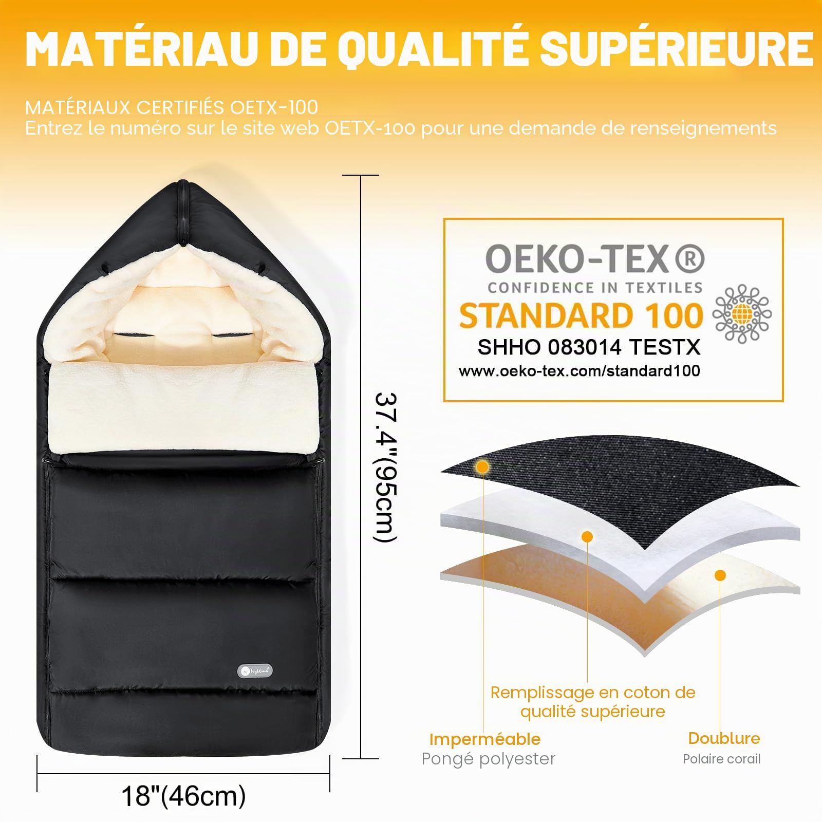 Ivywind Chanceliere Bebe Poussette, Imperméable Chanceliere Universelle pour Poussette avec Fermetures Éclair Réglable, Hiver Chancelière Poussette, Lavable et Détachable, Chaud, Noir & Blanc