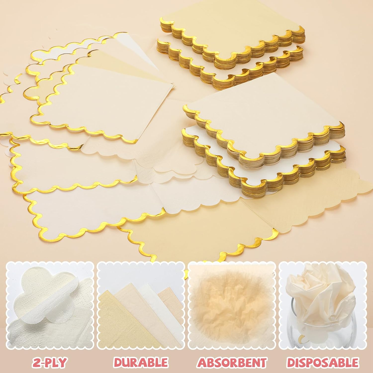 100 Pack Cocktail Napkins Gold Scalloped 5x5'' Party,Cream image 3