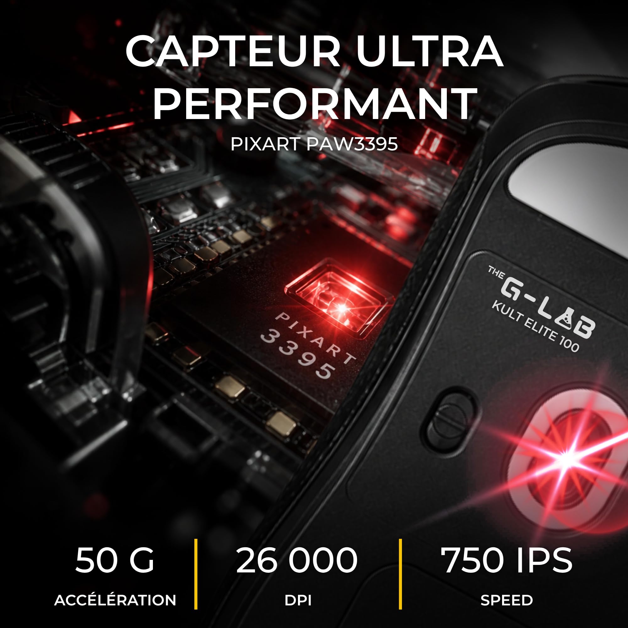 The G-Lab Kult Elite M100 - Souris Gamer sans Fil 26 000 DPI 1000 Hz | Connexion Sans Fil Tri Mode 2.4GHz/Bluetooth/Filaire, Capteur PixArt 3395,26 000 DPI, 1000 Hz Polling Rate, Patins 100% PTFE
