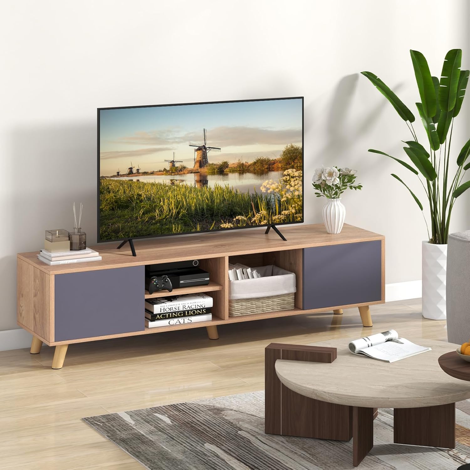 Tangkula TV Stand for TVs up to 65 Inch, Media Entertainment Center with 2 Doors, Open Shelves, TV Console Table with 3 Cable Management Holes, TV Cabinet for Living Room (Natural + Gray, for 65" TV)