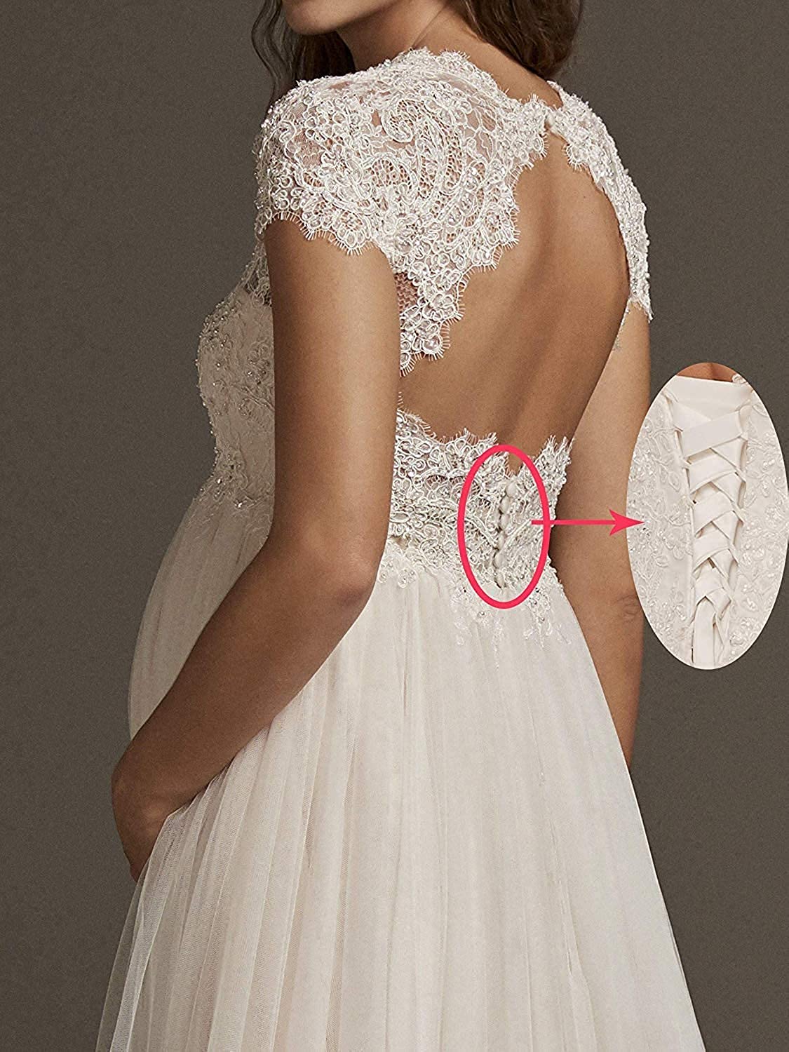Robe de mariée de grossesse - Col en V - Dentelle - Grandes tailles avec traîne