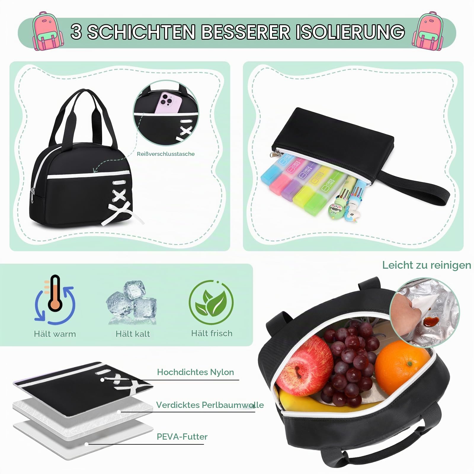 Tanou Schulrucksack Mädchen Teenager 3-tlg für Schule Reisen, Weiß Schwarz | Lässiger Schulranzen mit Lunchpaket Mäppchen für Mädchen 3. bis 7. Klasse, Stilvoll Mehrere Fächer Kinder Schultasche