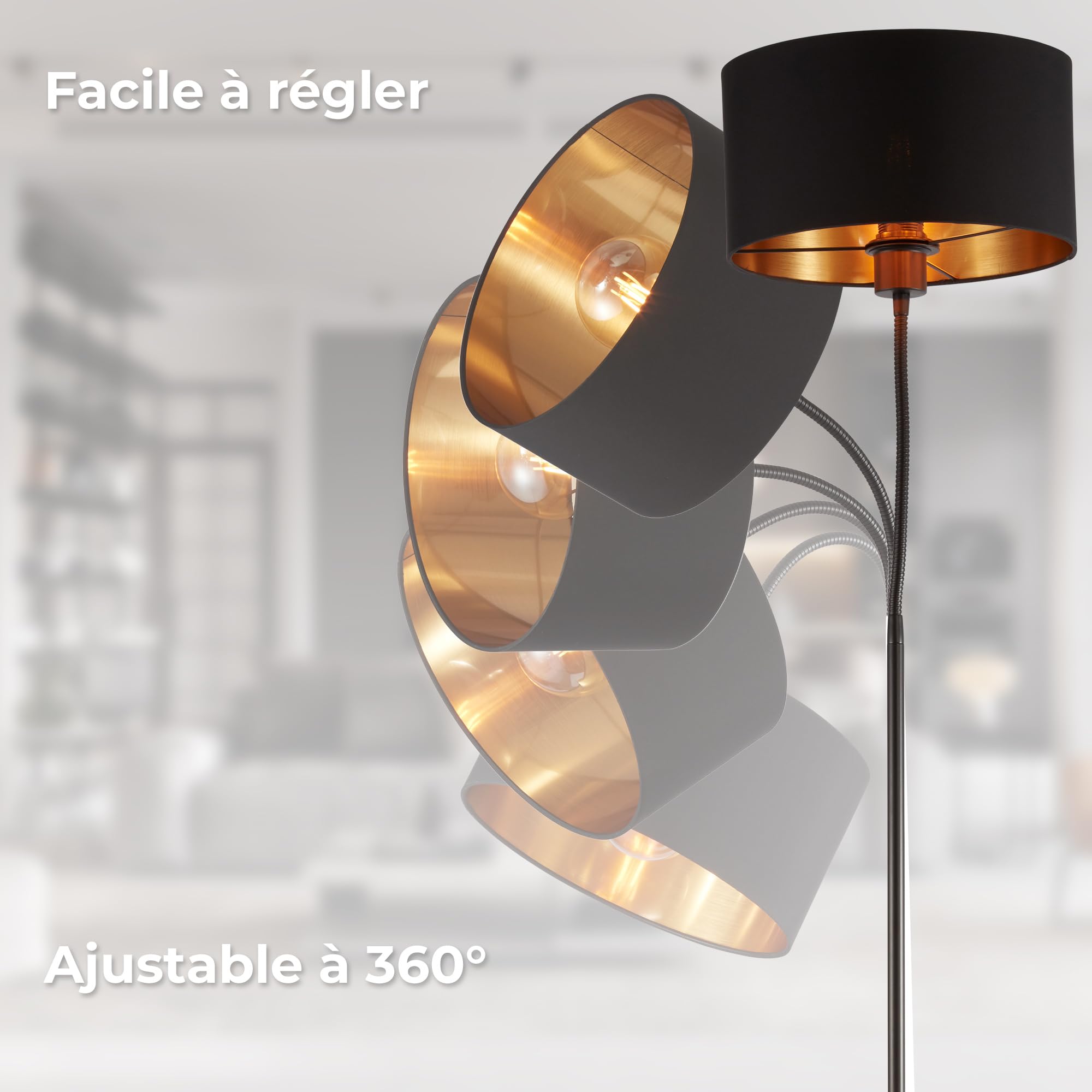 B.K.Licht lampadaire rétro pivotant I abat-jour en tissu noir et doré I pour une ampoule E27 I 30 cm I câble de 140 cm avec interrupteur à pied I livré sans ampoule
