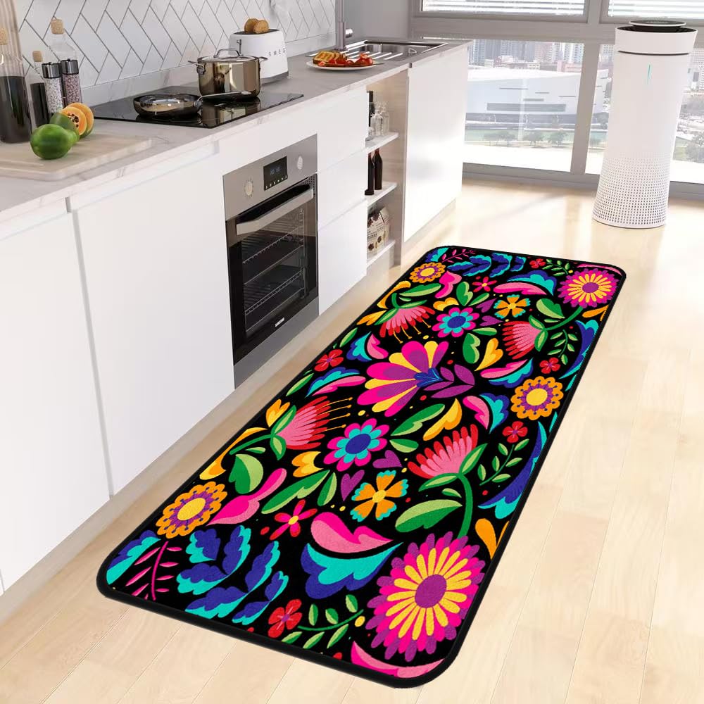 Nice Mexican Flowers Kitchen Rug,Kitchen Runner Rug Non Slip Washable Standing Desk Mat Laundry Room Runner Rug Area Rugs for Floor Bathroom,Hallway,