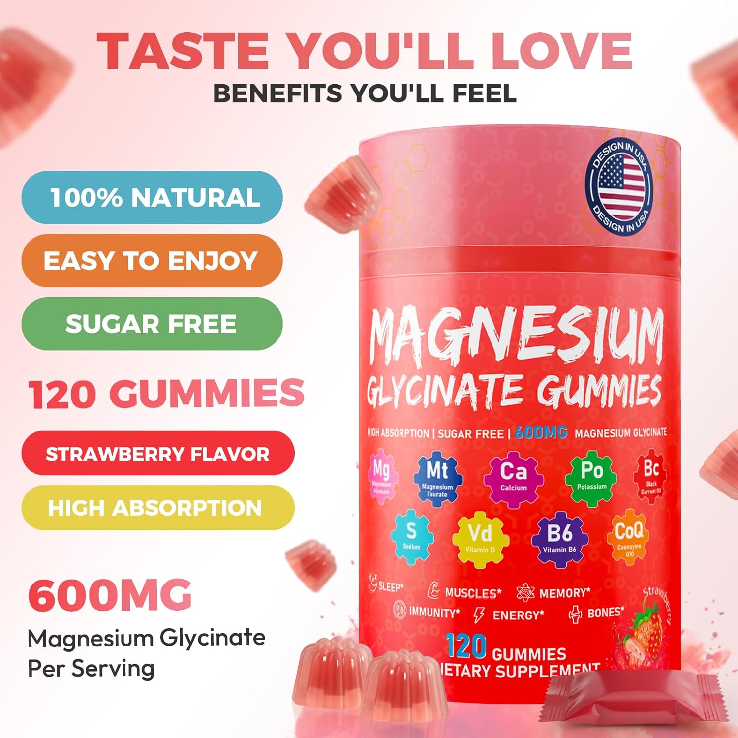 Magnesium Glycinate Gummies 600mg, High Absorption Magnesium Glycinate Complex for Women & Men, Pure Magnesium Relax Gummies for Stress & Muscle – Vegan, Sugar Free & Non-GMO, Strawberry, 120 Count