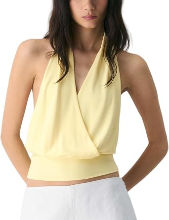 Women Backless Halter Tops V Neck Sleeveless Draped Blouses Dressy Cinched Waist Shirts Elegant Sexy Cropped Tops