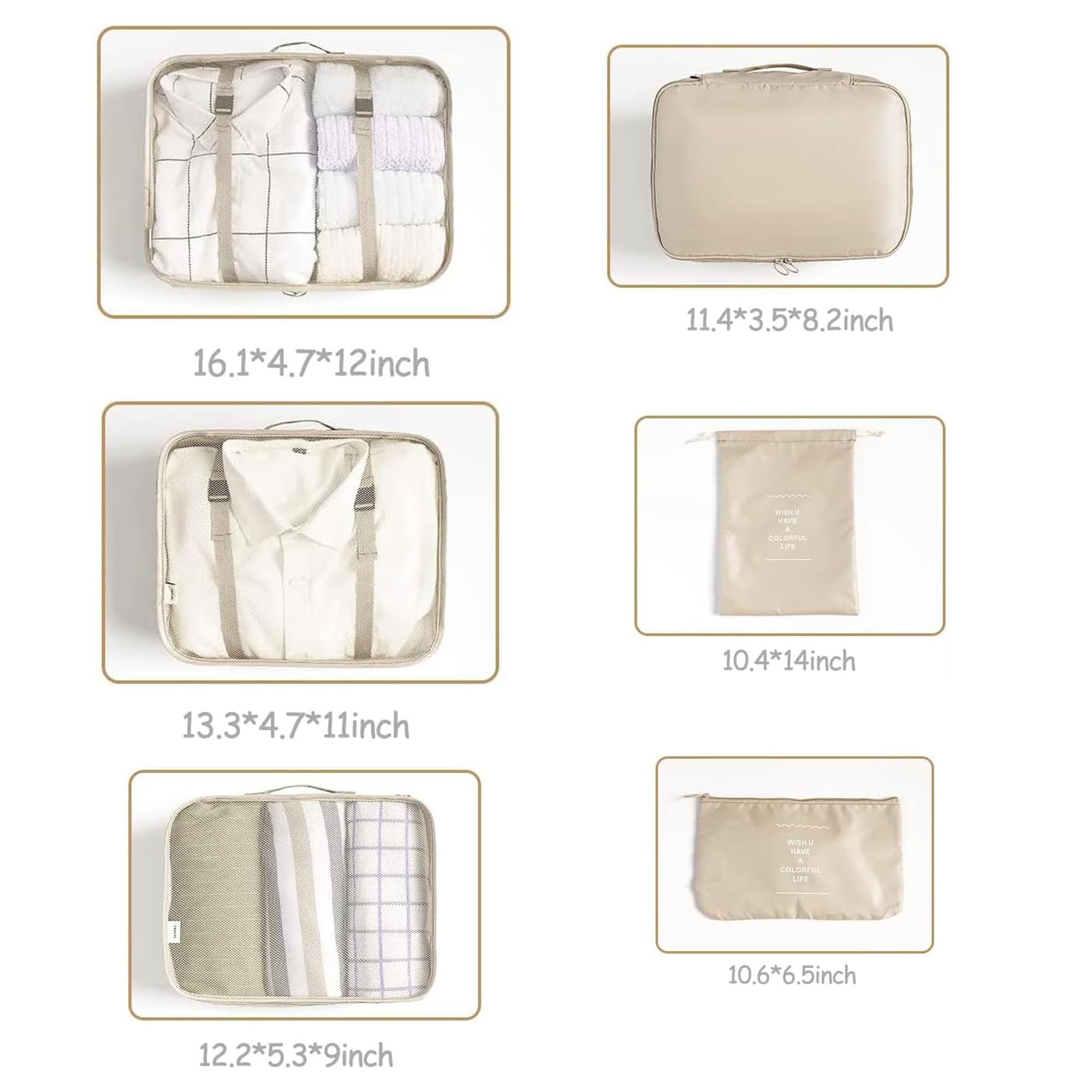 LANSKLBD 6/8 Set Packing Cubes for Suitcases Travel Luggage Packing Organizers,Travel Accessories Essentials Luggage Organizer with Shoe/Tioletry/Laundry Bag (Beige, 6 set) view 7
