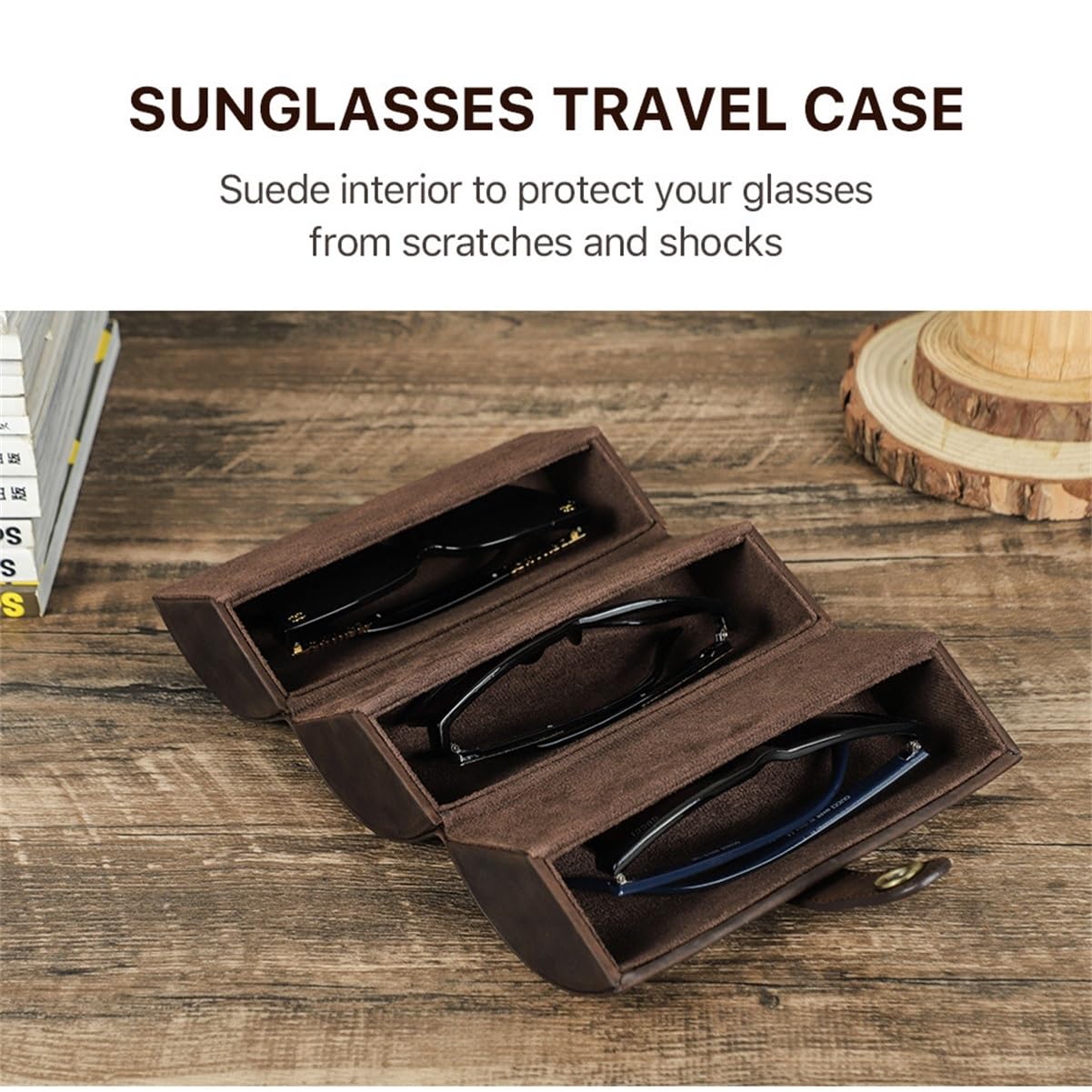 Étui à Lunettes Vintage en Cuir 3 emplacements, cylindrique, Fermeture Pression, Doublure Velours, Rangement Portable Homme Femme