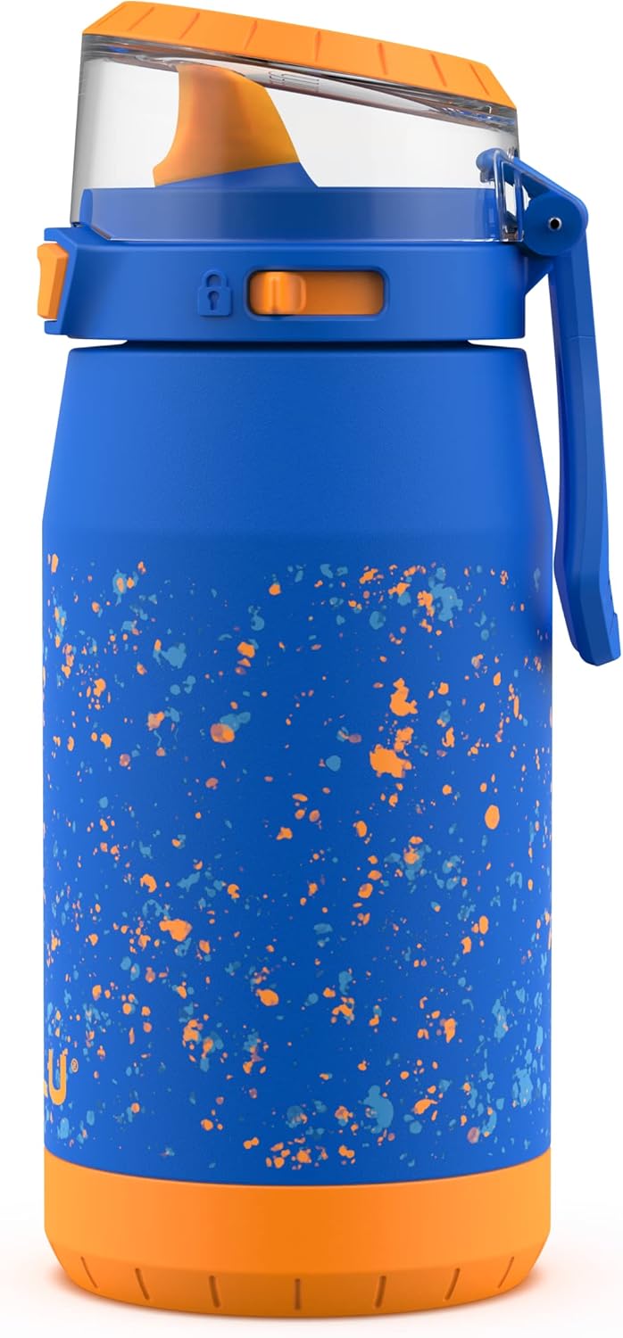 ZULU Flex Kids Stainless Steel Vacuum Insulated Water Bottle with Soft Straw, Leak-Proof Locking Lid and Soft Touch Carry Loop, BPA Free, Blue/Orange Speckle, 12oz: Home & Kitchen