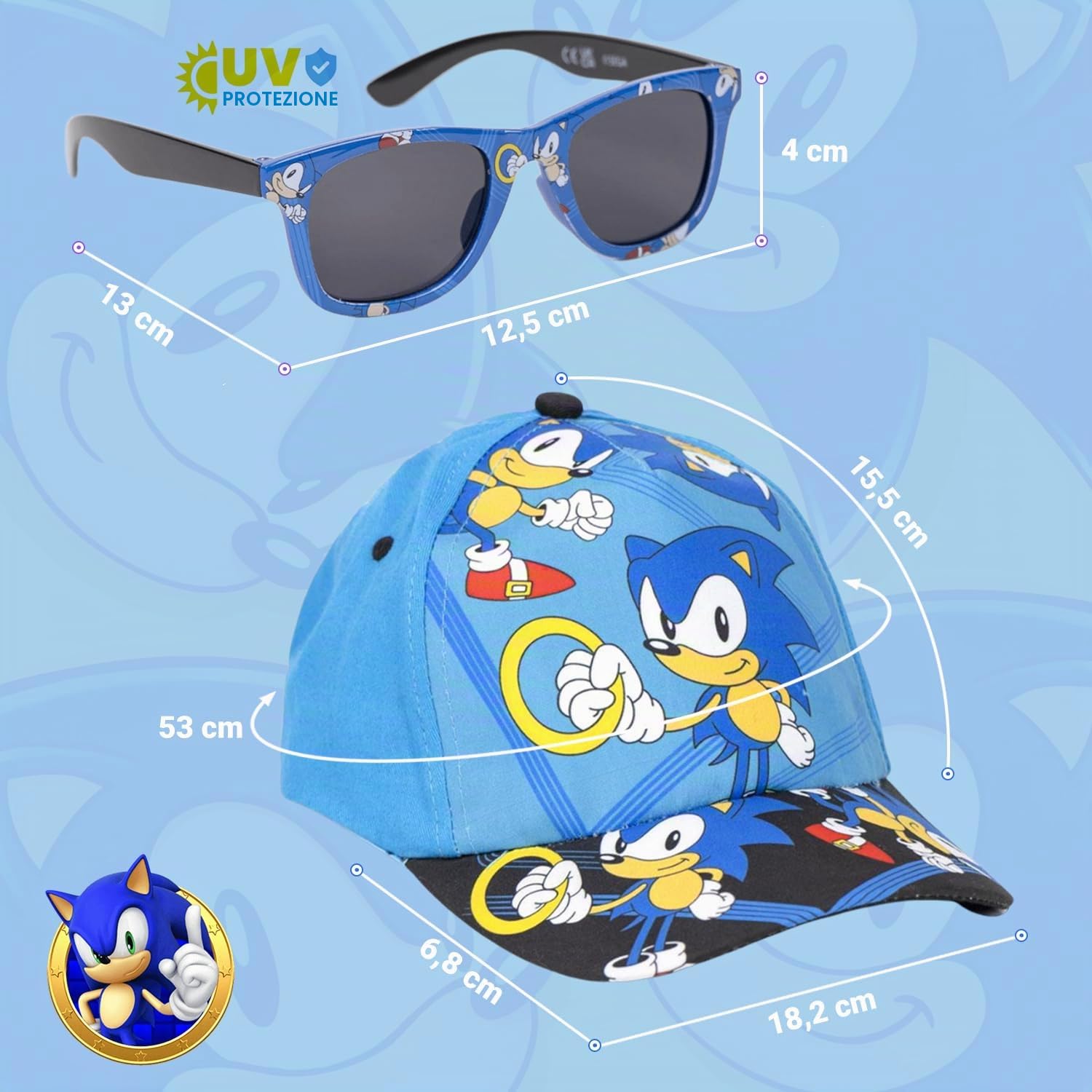 Cappellino e Occhiali Sonic Unisex per Bambini, Design Originale, Regolabili e Leggeri, Ideali per L'Estate e Come Protezione Solare