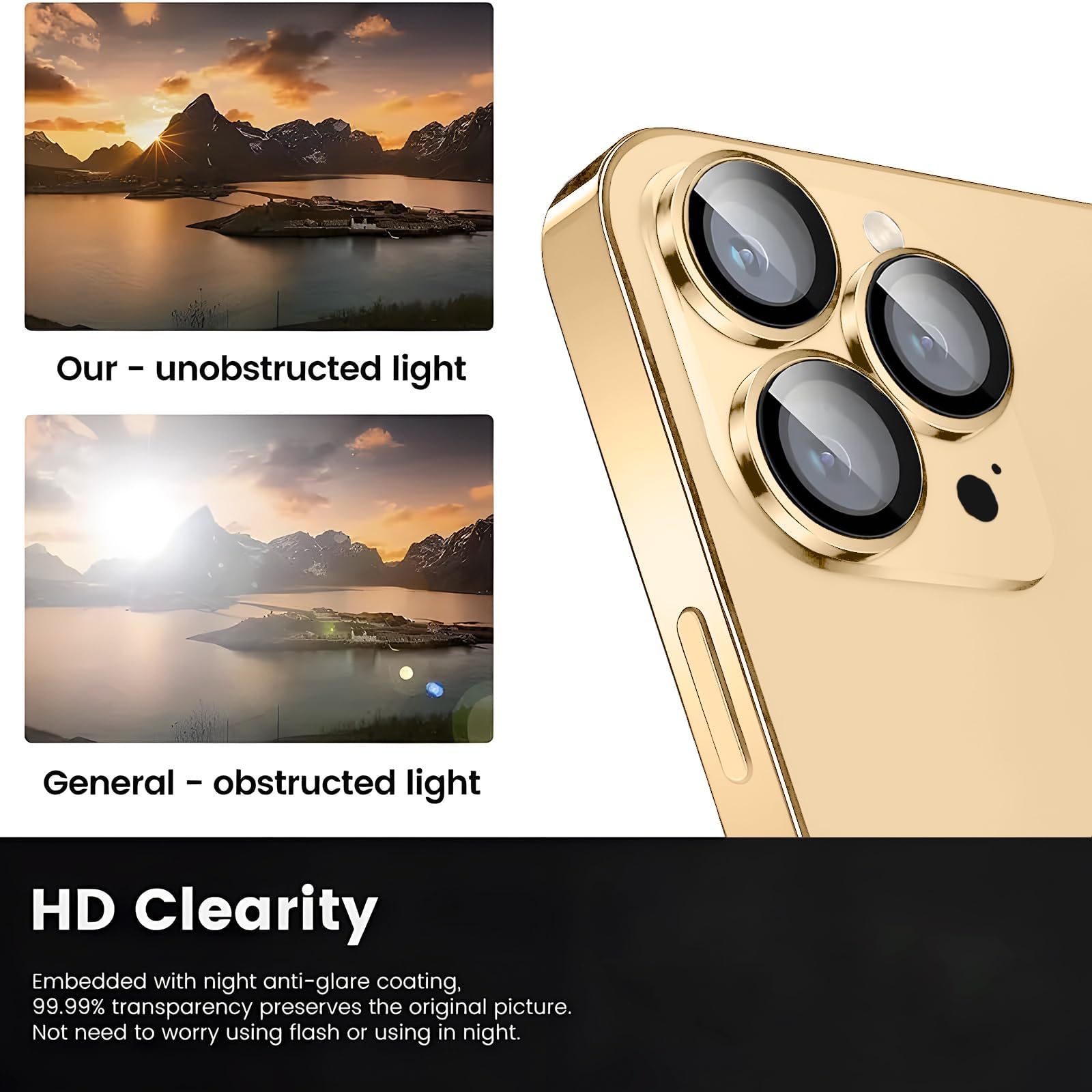 Rainway Camera Lens Protector for iPhone 16 Pro/iPhone 16 Pro Max, Shatterproof Ultra HD Individual Lens Protectors, 9H Ultra-tough Tempered Glass with Aluminum Rim, Ultra-thin, Gold 3