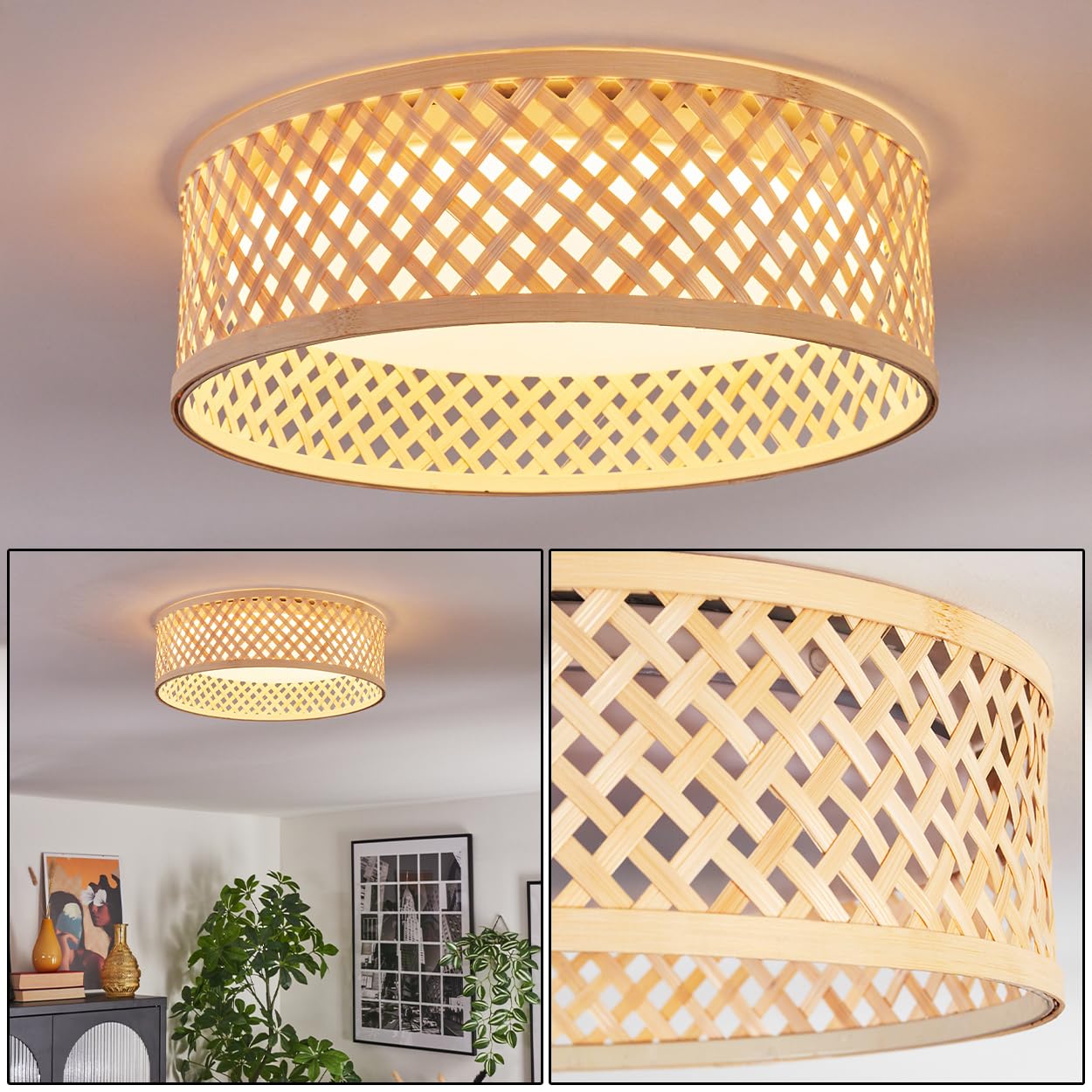 HOFSTEIN LED Ceiling Light Barroco, Ceiling lamp Made of Metal/Bamboo/Plastic in Natural Colours/White, lamp in Modern Boho Design, 16 watts, 2000 lumens, Dining Room, Living Room, Bedroom, Kitchen