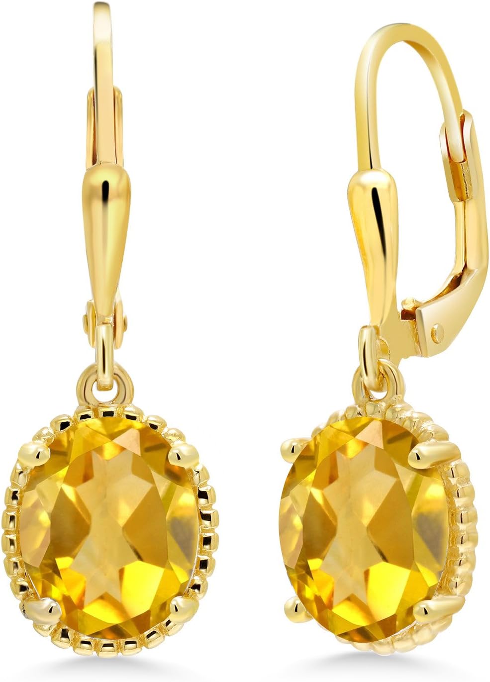 Gem Stone King 18K Yellow Gold Plated Silver Yellow Citrine Leverback Dangle Earrings For Women | 3.00 Cttw | Gemstone November Birthstone | Oval 9X7MM | Fine Jewelry Gifts for Her Mom Women Wife