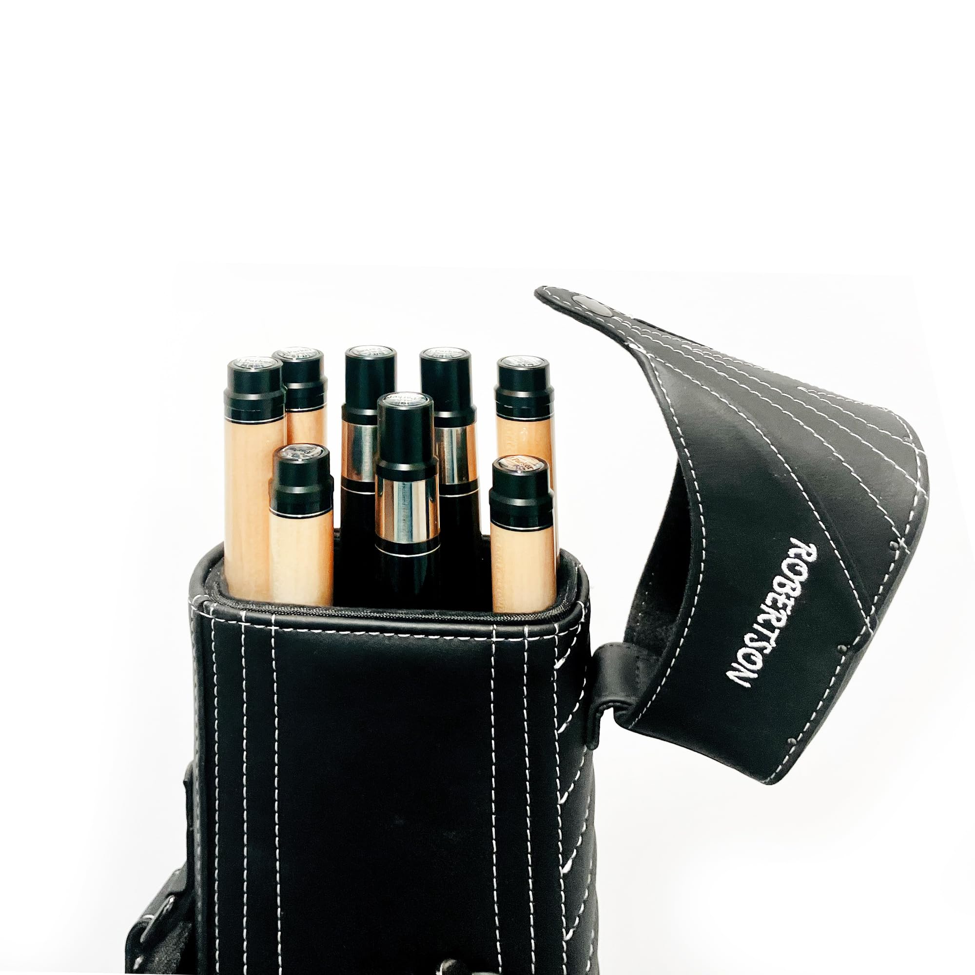 Robertson Billardköcher 3/5 Leder-Deluxe für 3 Queues und 2 Oberteile, Exklusives Profi-Case, mit großen Zubehörtaschen, edle Handarbeit, weiße Ziernähte und Tragegurt