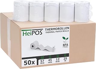 HeiPOS 50x Thermorollen 57mm x 25m x 12mm (Ø 45mm) - Kassenrollen für Casio, Sharp, Olympia & Registrierkassen - NICHT für EC-Kartenleser - BPA-frei