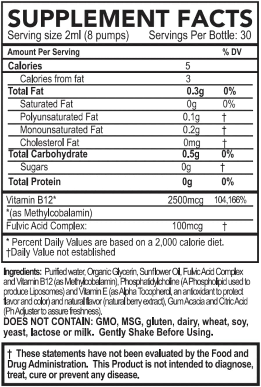 PURALITY HEALTH Micelle Liposomal Liquid Vitamin B12 with Fulvic Acid, 2500 mcg. Combined Methylcobalamin with Organic Glycerin Extract Maximum Absorption, Energy Boost, Vegan Friendly