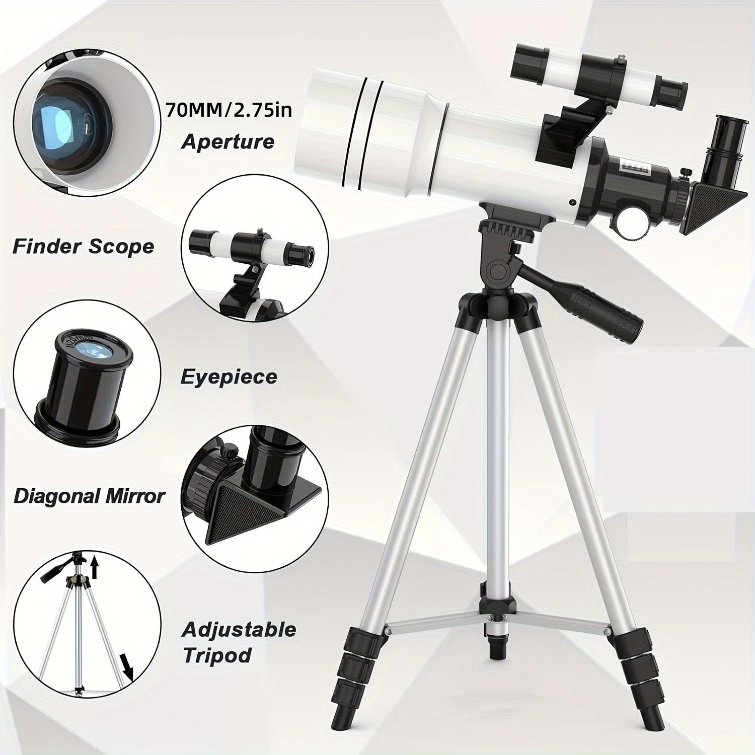 Teleskop dla dzieci, dorosłych i początkujących, 70 mm Aperture (otwór), teleskop astronomiczny z powiększeniem 15X-150x, statyw (regulacja wysokości 41-117 cm) i adapter do smartfona wraz z